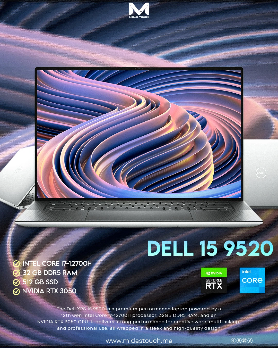 dell 15 9520 Dell XPS 15 9520 laptop i7-12700H RTX 3050 FHD+ display